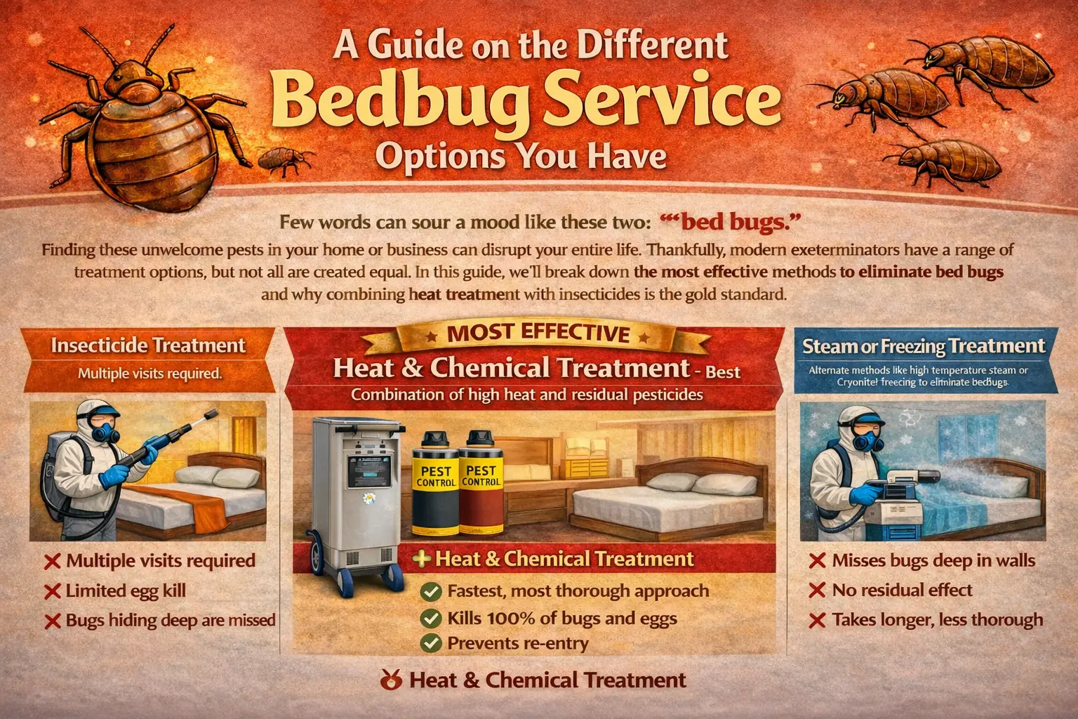 Infographic comparing bed bug treatment options including heat treatment, chemical treatment, and DIY methods
