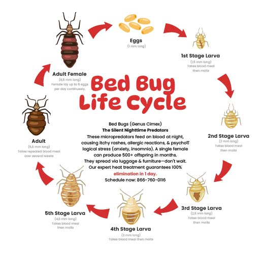 Bed bug life cycle: egg, nymph, adult – 6 stages in 6 weeks