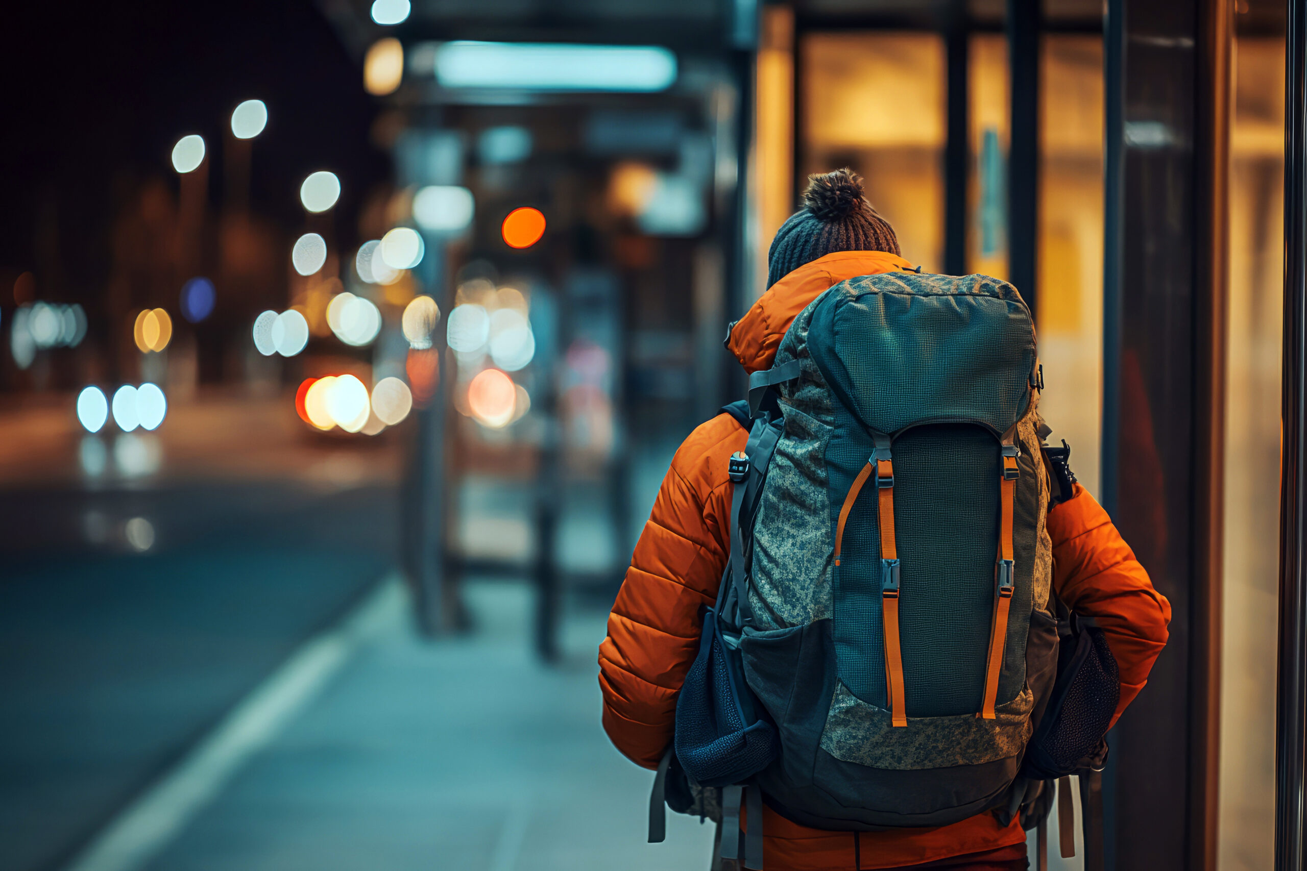 Person with a large backpack standing at a night bus stop in Auburn Washington, representing bed bug hitchhiking risks