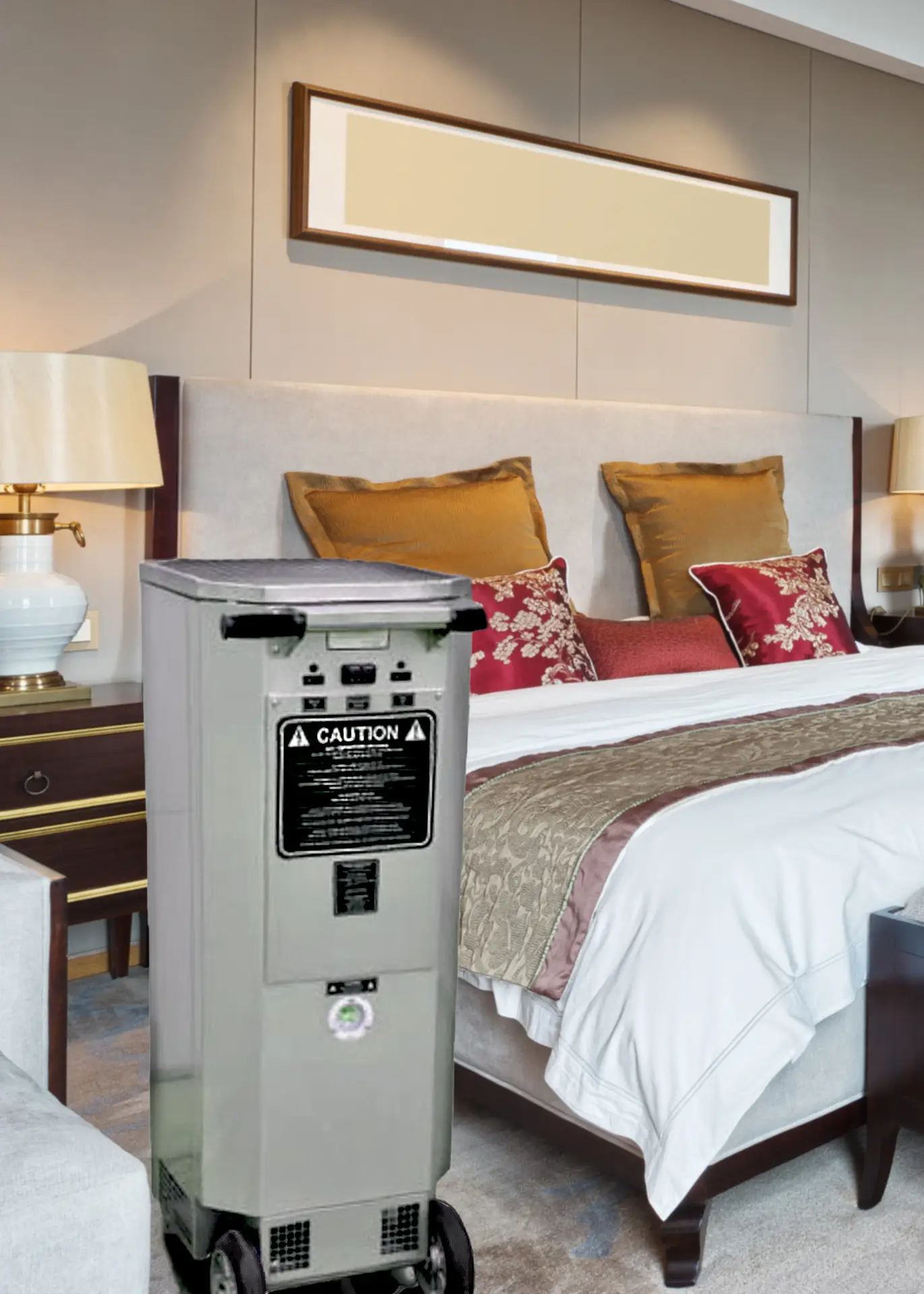 Professional bed bug heat treatment equipment setup in bedroom