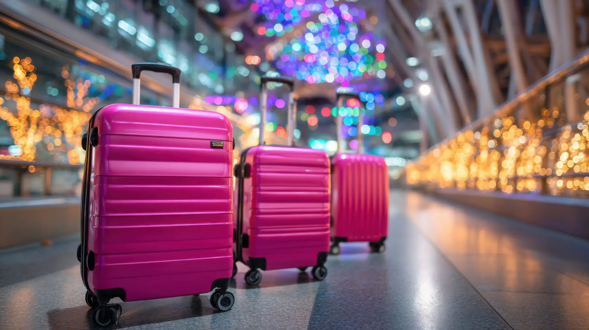 Bright pink suitcases inside a decorated airport during the holiday travel season