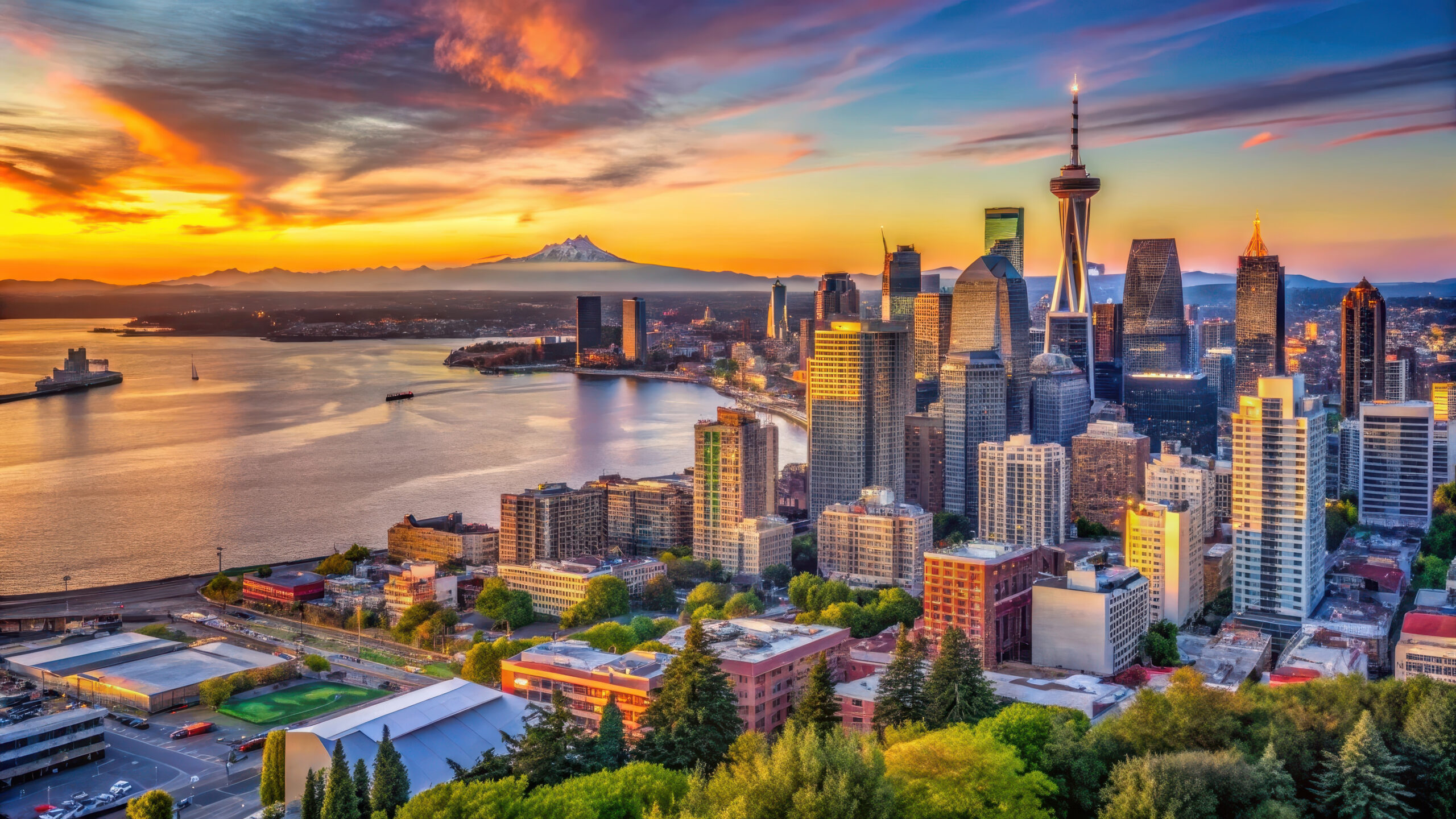 Seattle skyline at sunset overlooking Puget Sound with high-rise apartments and downtown buildings