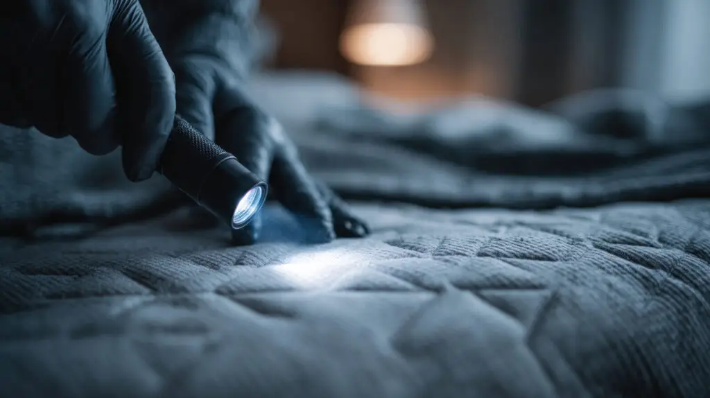 Technician using a flashlight to inspect a mattress for early signs of bed bugs and infestation