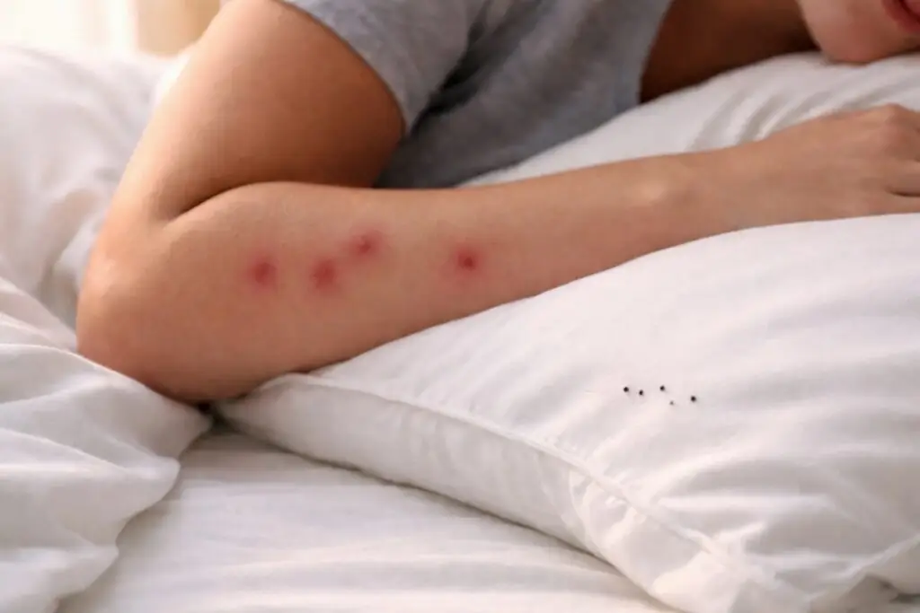 Close-up of a person’s arm with red bed bug bites resting on a white pillow, with small black bed bug fecal stains visible on the pillowcase.